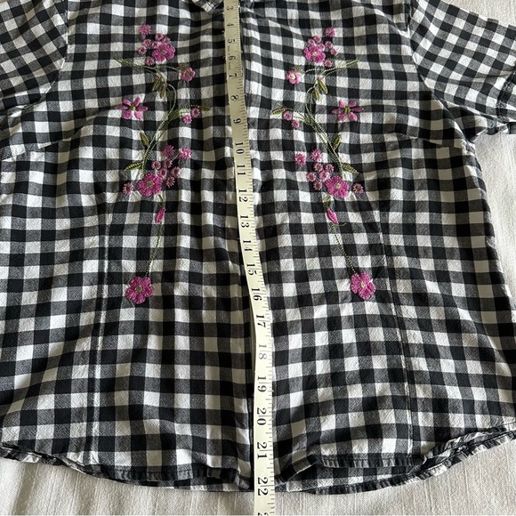 Embroidered Gingham Plaid Womens M Short Sleeve Zip Top Cottagecore Grannycore - Picture 5 of 8